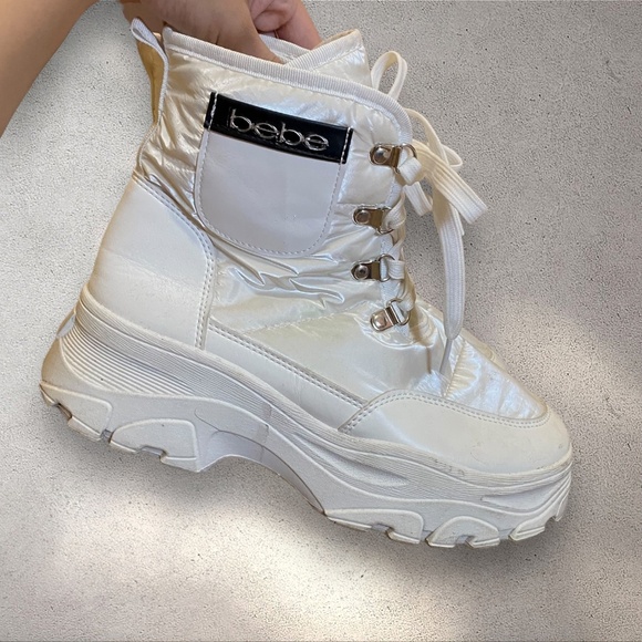 Bebe White Chunky Lace Up Snow Boots - Picture 1 of 5